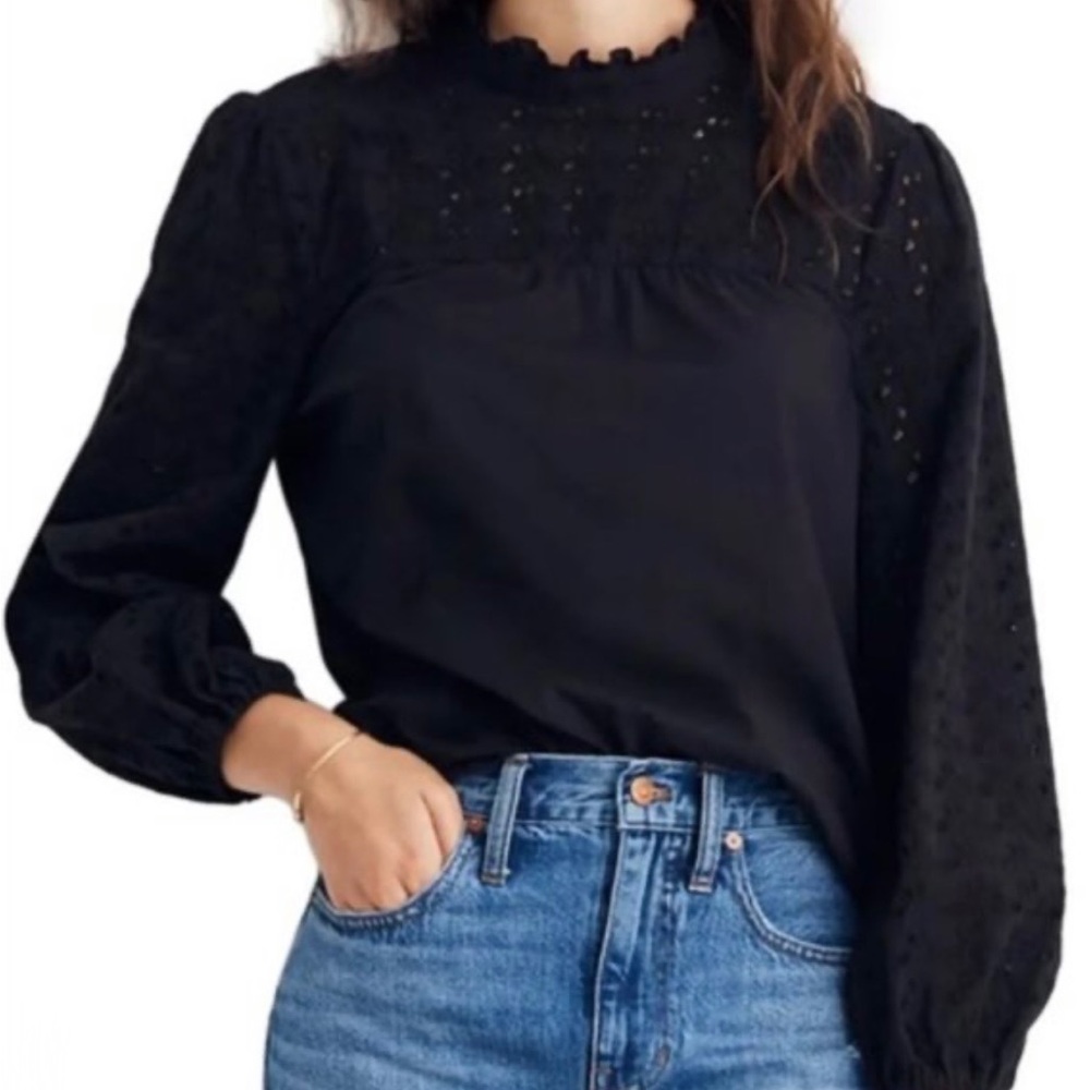 MADEWELL Black Eyelet Blouse with Tie Closure Balloon Sleeves Size M